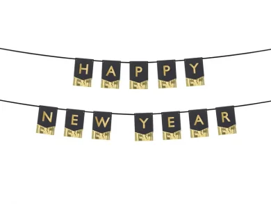 Happy New Year Black Flag Bunting with Gold Tassels (135cm)