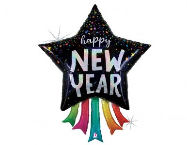 Happy New Year Super Shape Μπαλόνι Αστέρι με Πολύχρωμες Ουρίτσες (91εκ)