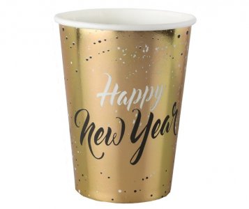 Happy New Year Gold Paper Cups with Black and White Print (10pcs)