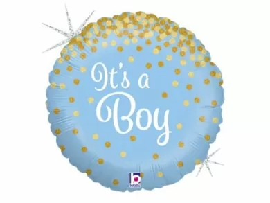 It's a Boy Light Blue Foil Balloon with Glitter Holographic Gold Dots (46cm)