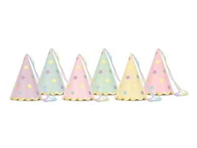 Pastel Colors Party Hats with Stars and Ribbons (6pcs)