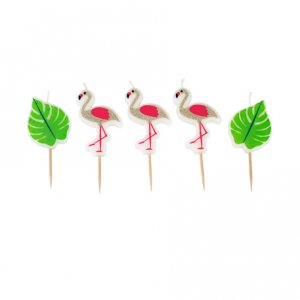 Cake Candles With Tropical Leaves & Glitter Flamingos Birthday Party Accessories
