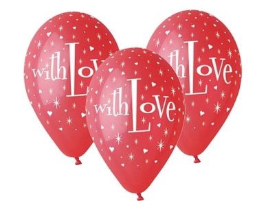Red Latex Balloons with Love White Print and Hearts (5pcs)