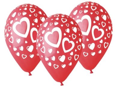 Red Latex Balloons with White Hearts (5pcs)