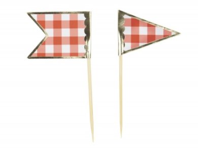 Red Gingham Decorative Picks with Gold Foiled Details (10pcs)