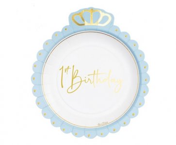 Crown Pale Blue with Gold Foiled Details Paper Plates for 1st Birthday Party (8pcs)