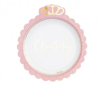 Crown Pink Paper Plates with Gold Foiled Details for 1st Birthday Party (8pcs)