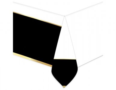White Plastic Tablecover with Black Edging and Gold Lines (140cm x 270cm)