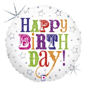 White With Silver Stars Holographic Desing Happy Birthday Balloon Foil