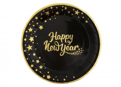 Μαύρα Μεγάλα Χάρτινα Πιάτα Happy New Year με Αστεράκια (6τμχ)