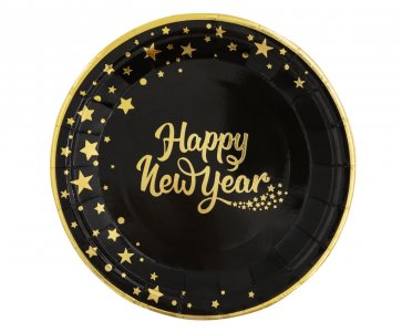 Black Small Paper Plates Happy New Year with Stars (6pcs)