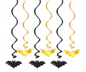 Black and Gold Bats Swirl Decorations (6pcs)
