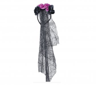 Black Headband with Black-Purple Flowers and Black Veil