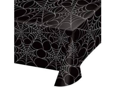 Black Plastic Tablecover with Spiderweb Print (137cm x 274cm)