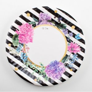Floral with White and Black Stripes Large Paper Plates (8pcs)