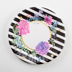 Floral with White and Black Stripes Small Paper Plates (8pcs)