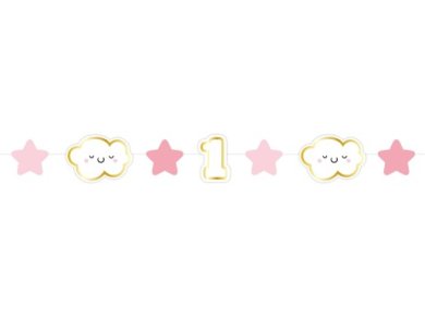 Mini Garland with Clouds and Pink Stars for First Birthday (120cm)