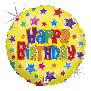 Yellow With Colourful Stars Happy Birthday Holographic Design Balloon Foil