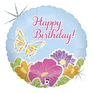 Butterfly with Flowers Happy Birthday Balloon Foil with Holographic Print