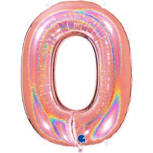 Ροζ Χρυσό Με Ολογραφικό Τύπωμα Μπαλόνι Supershape Αριθμός-Νούμερο 0 (100εκ)