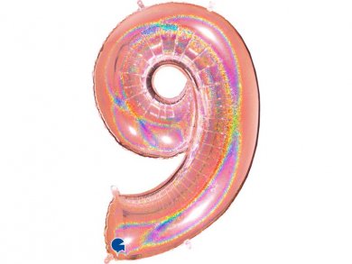 Ροζ Χρυσό Με Ολογραφικό Τύπωμα Μπαλόνι Supershape Αριθμός 9 100εκ)
