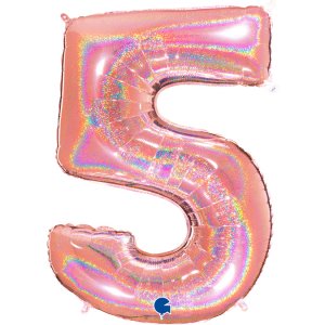 Ροζ Χρυσό Με Ολογραφικό Τύπωμα Μπαλόνι Supershape Αριθμός-Νούμερο 5 (100εκ)