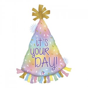 Supershape Party Hat Balloon in Pastel Colors and It's Your Day Print (86cm)
