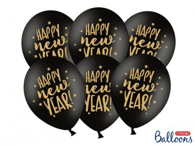 Black Latex Balloons with Gold Print Happy New Year (6pcs)