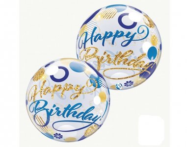 Μπλε και Χρυσά Πουά Happy Birthday Bubble Μπαλόνι (55,5εκ)