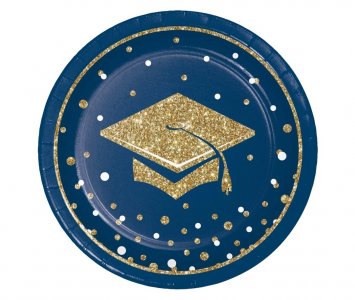 Μπλε και Χρυσό Congratulations Grad Μικρά Χάρτινα Πιάτα (8τμχ)