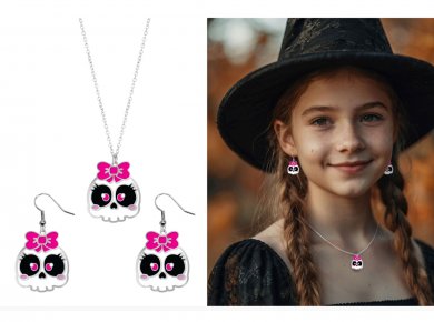 Skull with Pink Bow Necklace and Earrings Set
