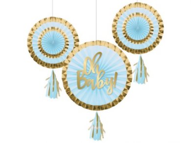 Oh Baby Pale Blue and Gold Hanging Fans with Tassels (3pcs)
