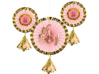 Oh Baby Pink and Gold Paper Fans with Tassels (3pcs)