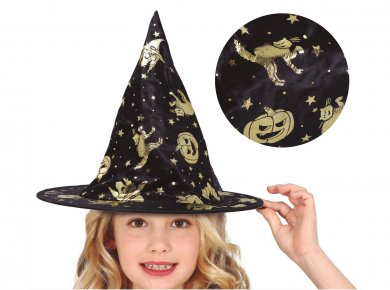 Black Kids Size Witch Hat with Gold Pumpkins and Cats Design