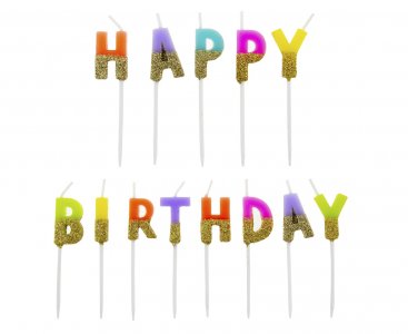 Pastel Colors Happy Birthday Cake Candles with Gold Glitter