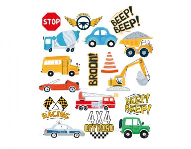 Colorful Vehicles Temporary Tattoos (17pcs)