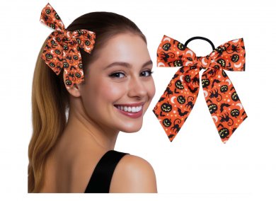 Orange Hair Bow with Elastic with Pumpkins Design