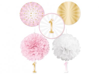 First Birthday Girl Decoration Kit with Paper Fans and Pom-Pom (5pcs)