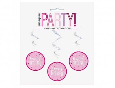 Pink Birthday Glitz Swirl Decorations with Holographic Print (3pcs)
