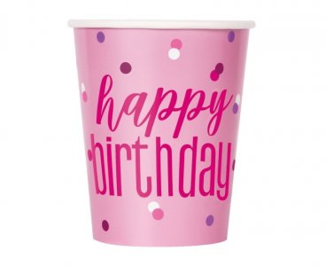 Ροζ Birthday Glitz Ποτήρια Χάρτινα (8τμχ)