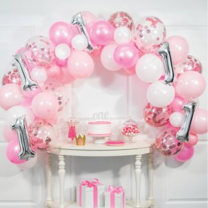 Ροζ Γιρλάντα με Λάτεξ Μπαλόνια για Τα Πρώτα Γενέθλια (3μ)