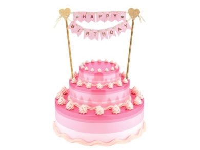 Pink Flag Bunting with Gold Happy Birthday Cake Decoration