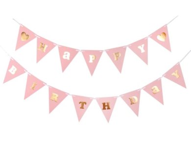Pink Flag Bunting with Gold Happy Birthday and Hearts Print (3m)