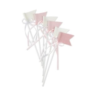 Ροζ και Άσπρα Διακοσμητικά Στικς με Βελούδινα Σημαιάκια (6τμχ)