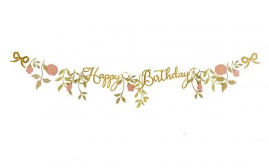 Ροζ και Χρυσό Floral Happy Birthday Γιρλάντα (130εκ)