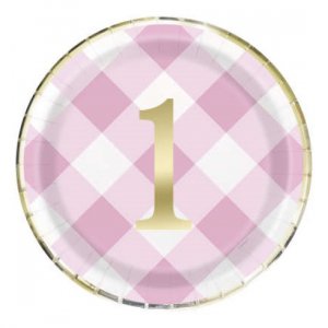 Pink Gingham Large Paper Plates for First Birthday (8pcs)