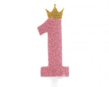Pink with Glitter Number 1 with Crown Cake Candle (8,5cm)