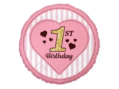 Ροζ Μπαλόνι Foil για Τα Πρώτα Γενέθλια με Τύπωμα Καρδιά (43εκ)