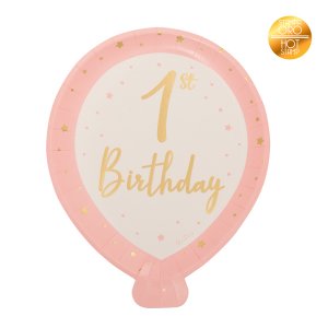Pink Balloon Shaped Paper Plates for First Birthday with Gold Foiled Print (8pcs)