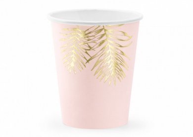 Pink Paper Cups with Gold Tropical Leaves Print (6pcs)